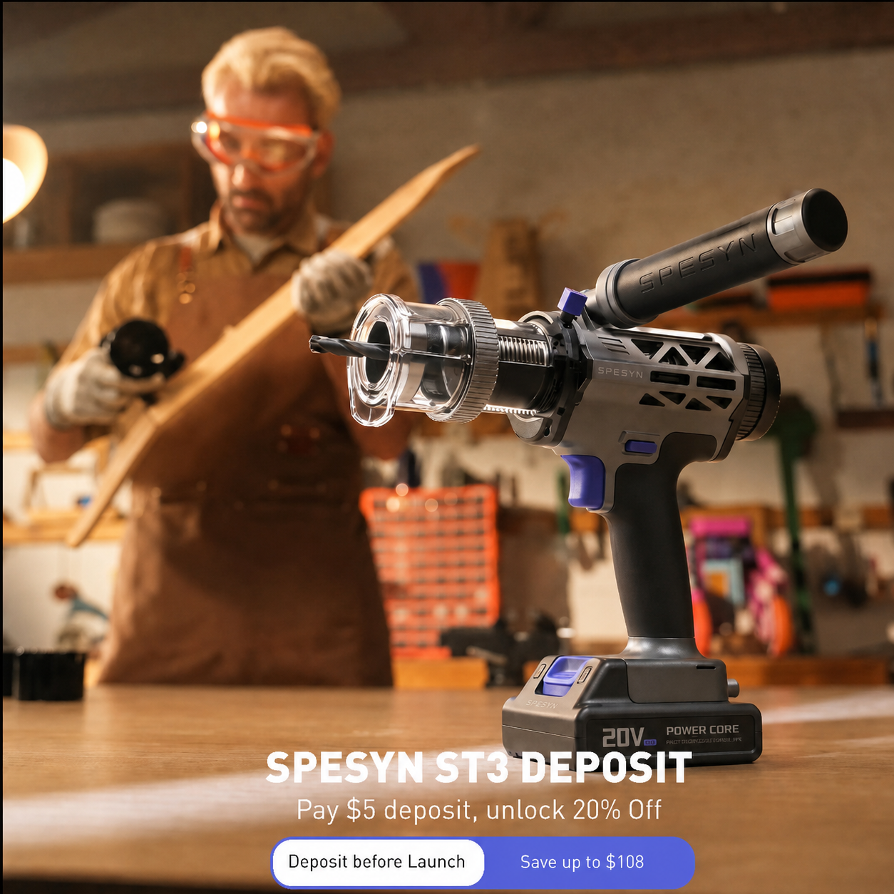 SPESYN ST3 preorder deposit page showing the tool in a workshop with VIP deposit benefits.